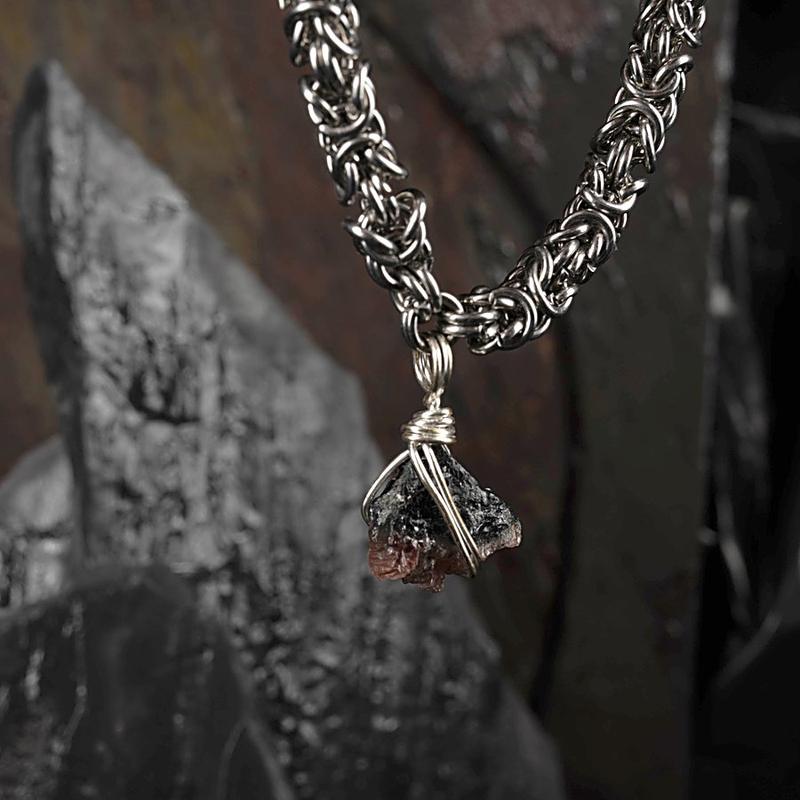 Garnet Reliquary, raw wire-wrapped garnet on Byzantine chain